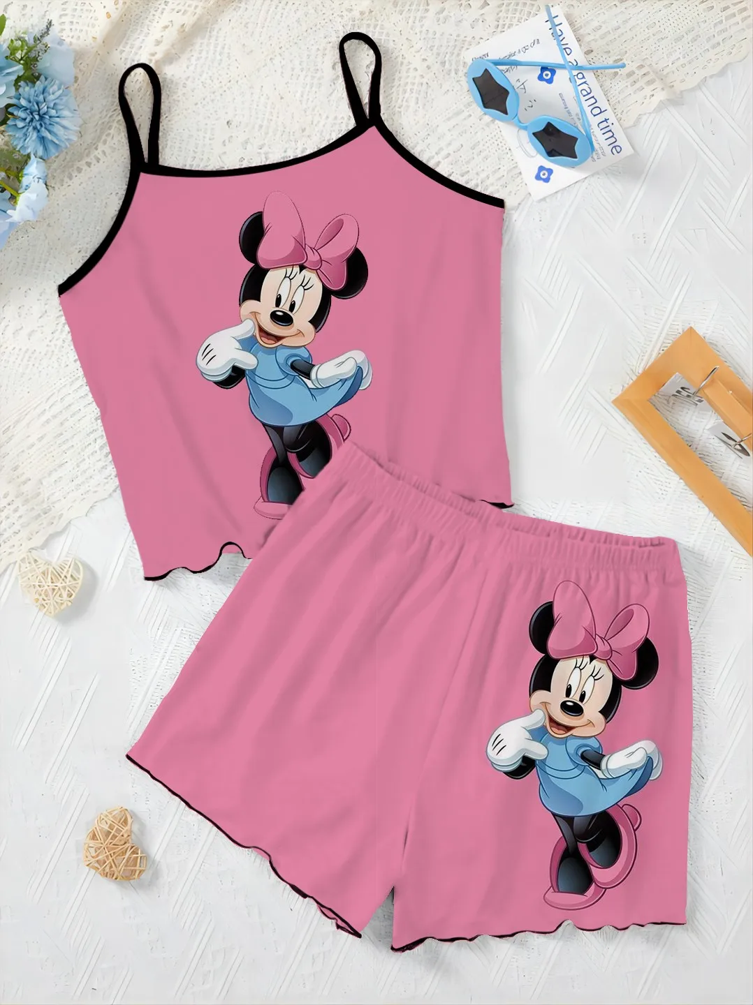 Top Sla Trim Minnie Mouse Korte Sets Voor Dames 2 Stuks T-Shirt Dames Pak Pyjama Rok Slip Dress Disney Mickey Elegant