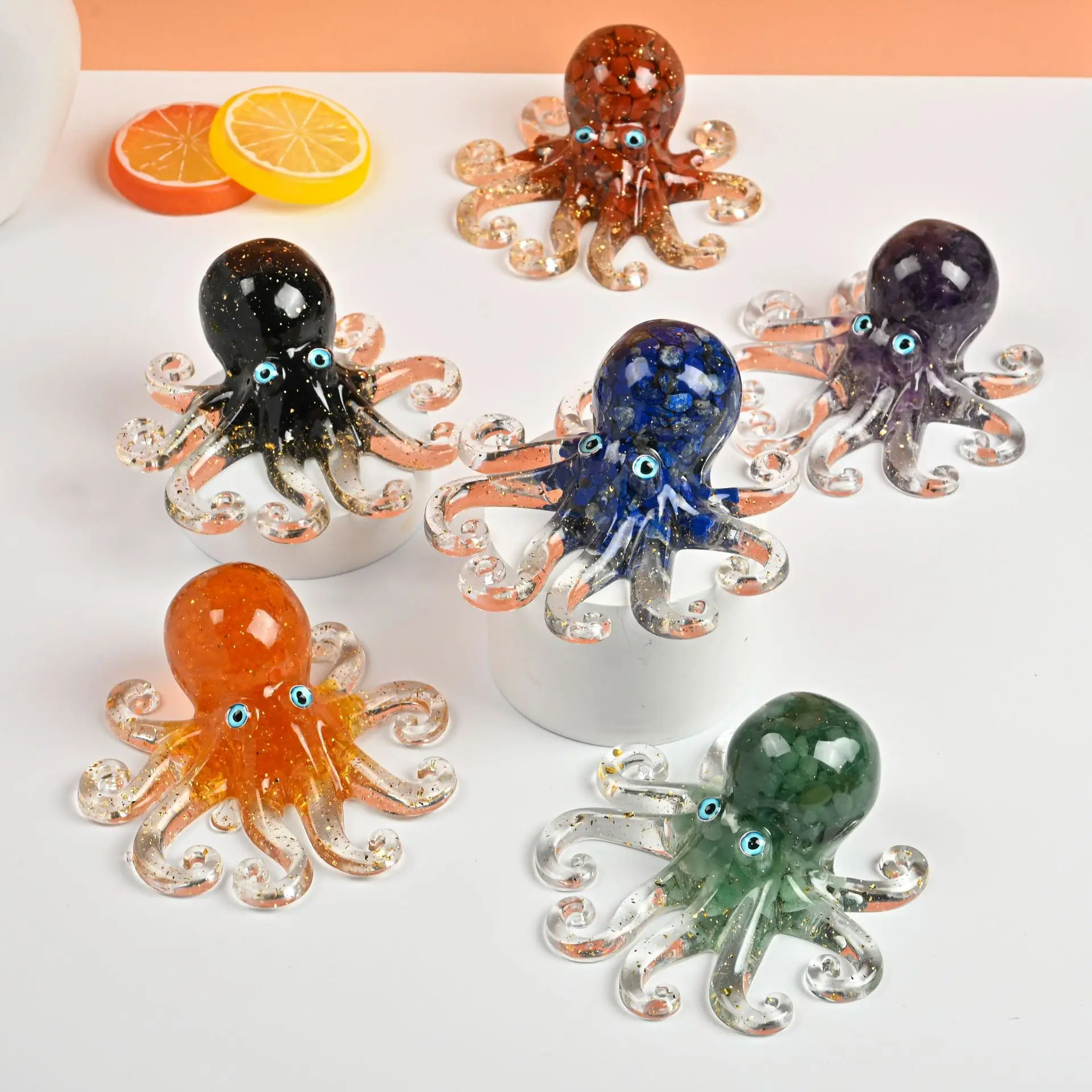 Natural Crushed Crystal Resin Octopus Figurine, Handmade Gemstone Squid Statue, Cute Ocean Animal, Desk Home Decor Gift