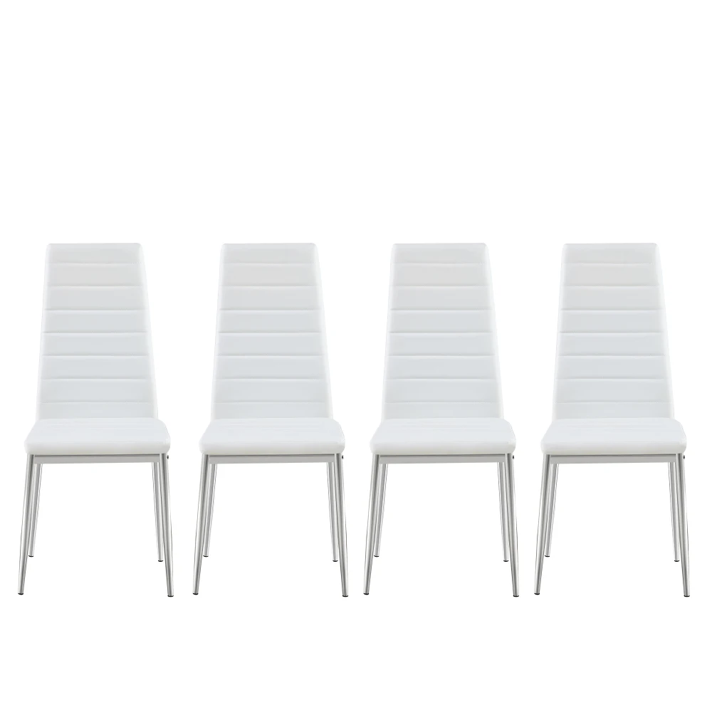 Set of 4 Modern PU Leather Dining Chairs, White Upholstered High Back Dining Room Chairs with Horizontal Stitched Backrest & Silver Chrome Plated Metal Legs for Kitchen Dining Room
