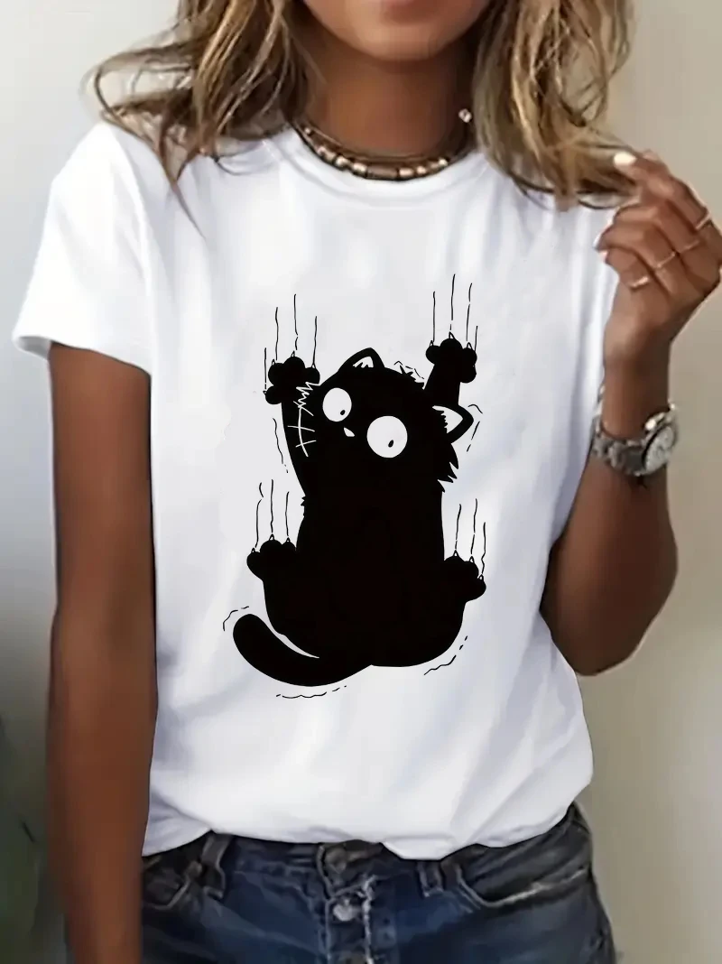 Women's Funny Climb Cute Cat Design Printed Tee Short Sleeved Round Neck Casual All Season High Quality Simple Trendy Women Tops