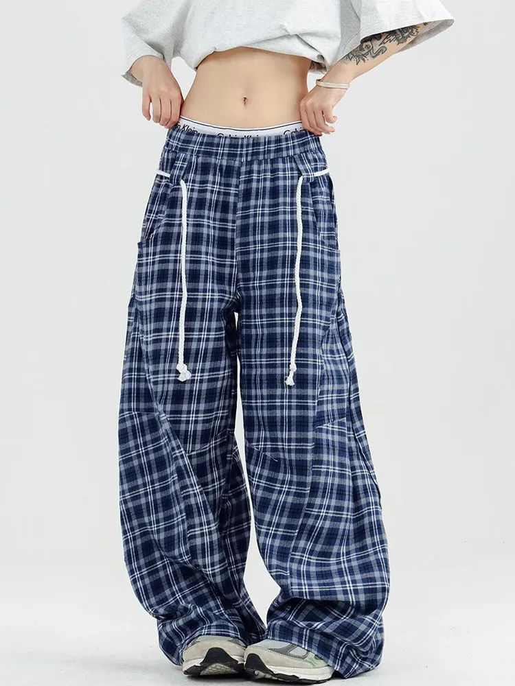 contrasting color plaid wide-leg scimitar pants men's and women's autumn strap design lazy loose and drape casual trousers