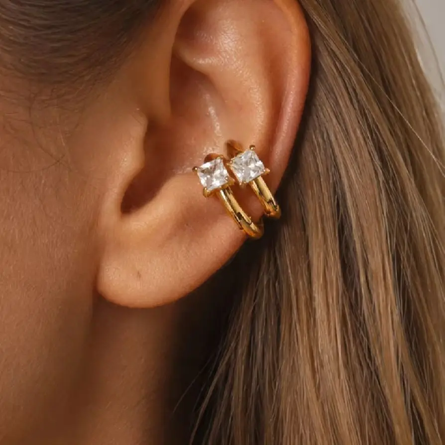 PuRui Elegant 18K Gold Plated Stainless Steel Clips Earrings for Women Simple Cubic Zirconia C-shape Non Piercing Ear Clip