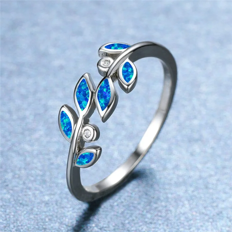 2024 Fashion Blue Fire Opal Leaf Rings for Women Jewelry Accessories Gift Cute Women Rhinestones Zircon Fine Engagement Rings