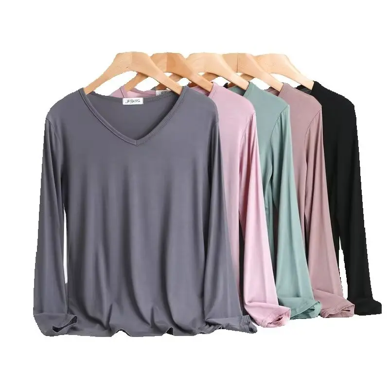 Modal V-Neck Women in Spring and Autumn Pajamas Thin Solid Color Long Sleeved T-Shirt Large Size Versatile and Stylish Top