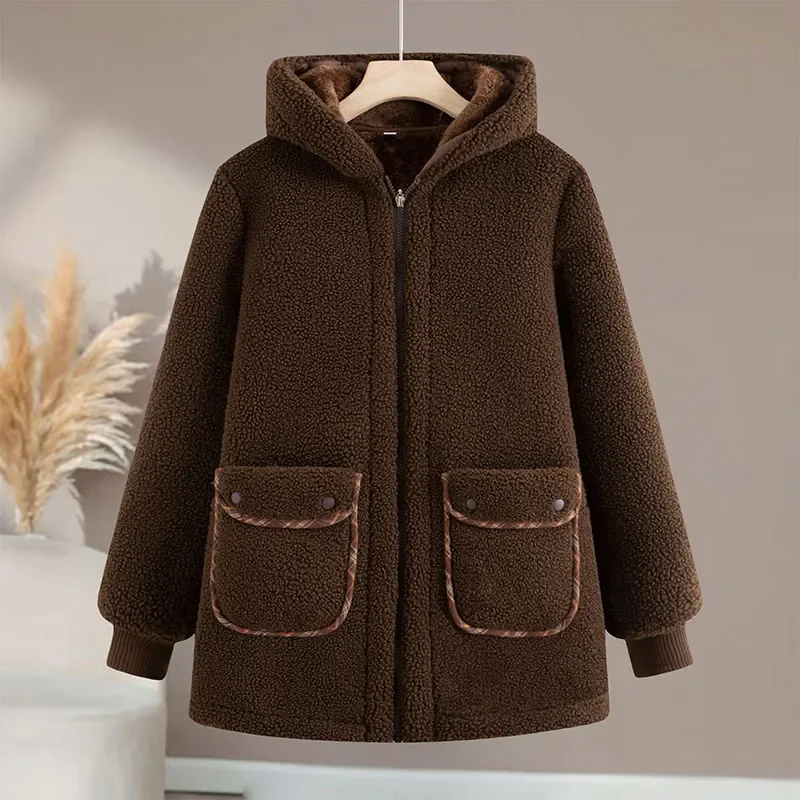 겨울 양털 벨벳 코튼 코트 여성용 오버코트 2024 신상 플러스 벨벳 두꺼운 따뜻한 파카 코트 후드 루즈핏 그레인 벨벳 코튼 재킷
