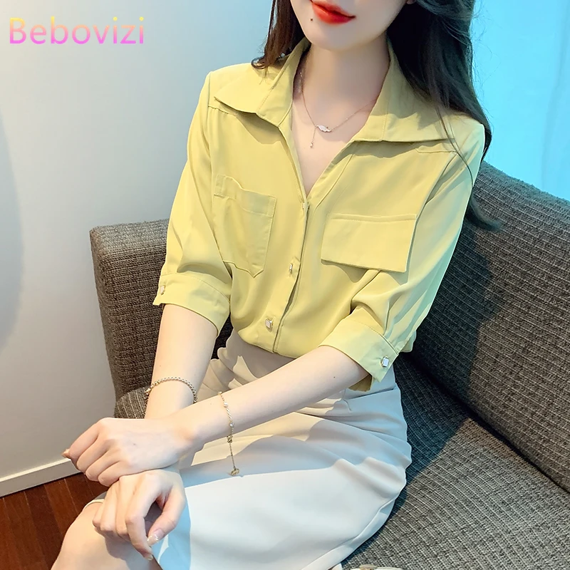 

2024 Summer Fashion New Elegant Slim V-neck White and Green Shirt Women's Design Asymmetric Pocket Blouse Tops