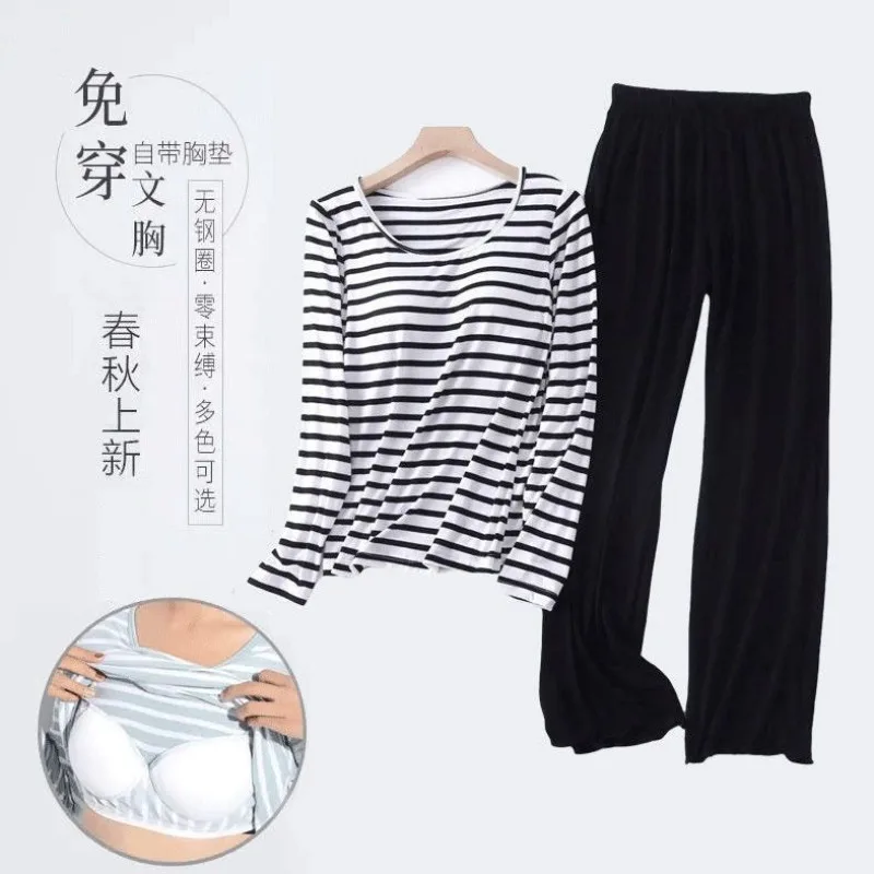 

Autumn Modal Pajamas Set Women Korean Students Loungewear with Chest Pad Long Sleeve Striped Tops and Trousers Homewear Outfits