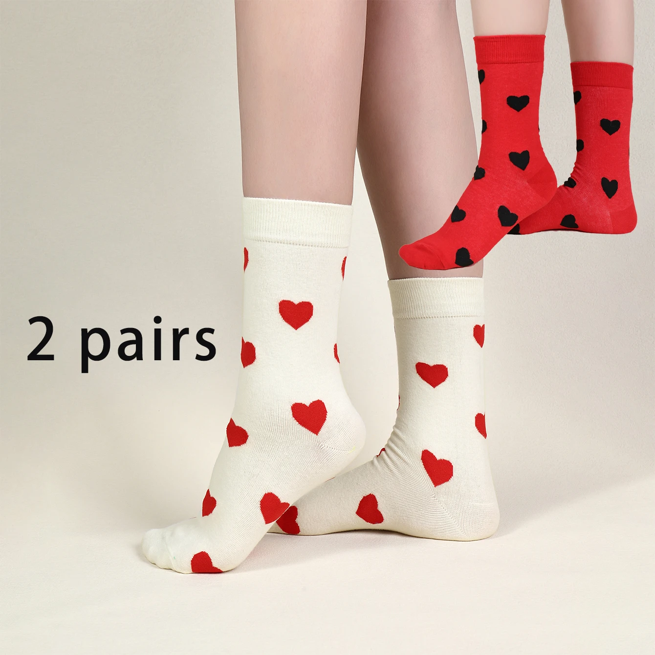 2 pairs of cartoon heart patterned round necked mid length socks, soft, comfortable and breathable, casual and fashionable, vers