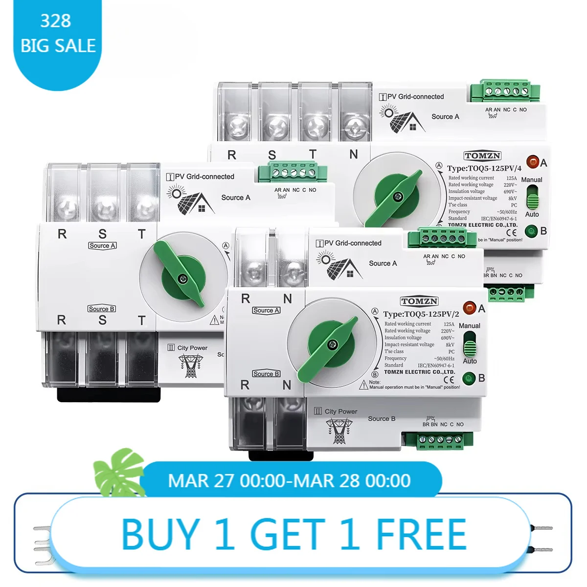 TOMZN DIN Rail PV Inverter ATS Dual Power Transfer Switch 2P 3P 4P 63A 100A 125A Uninterrupted Selector