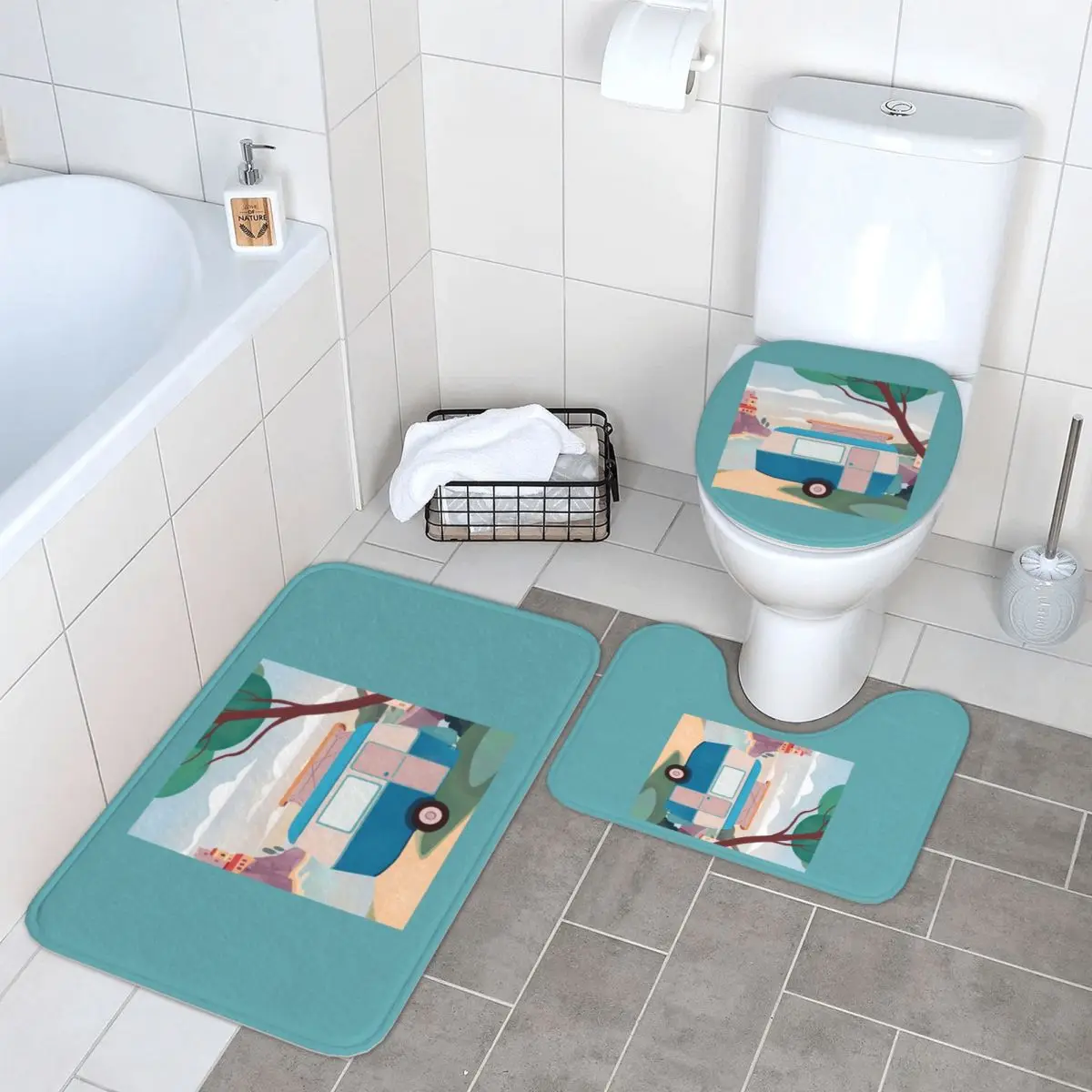 

Винтажный коврик для ванной комнаты Eriba Puck Caravan By The Sea, комплект из 3 предметов, крышка для унитаза, домашний декор, нескользящий ковер, напольный ковер