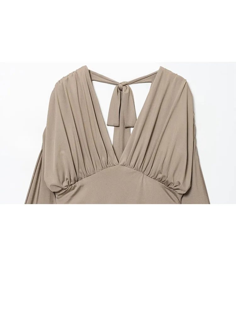 HH 2026 المرأة الربيع والخريف جديد الخامس الرقبة طويلة الأكمام رقيق تنورة مثير الحلو المألوف فستان غير رسمي ومتعدد الاستخدامات