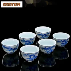 60ml Hand-painted Landscape Tea Cup Blue and White Porcelain Master Cup Shadow Green Tea Bowl Set of Cups Kung Fu Tea Drinkware