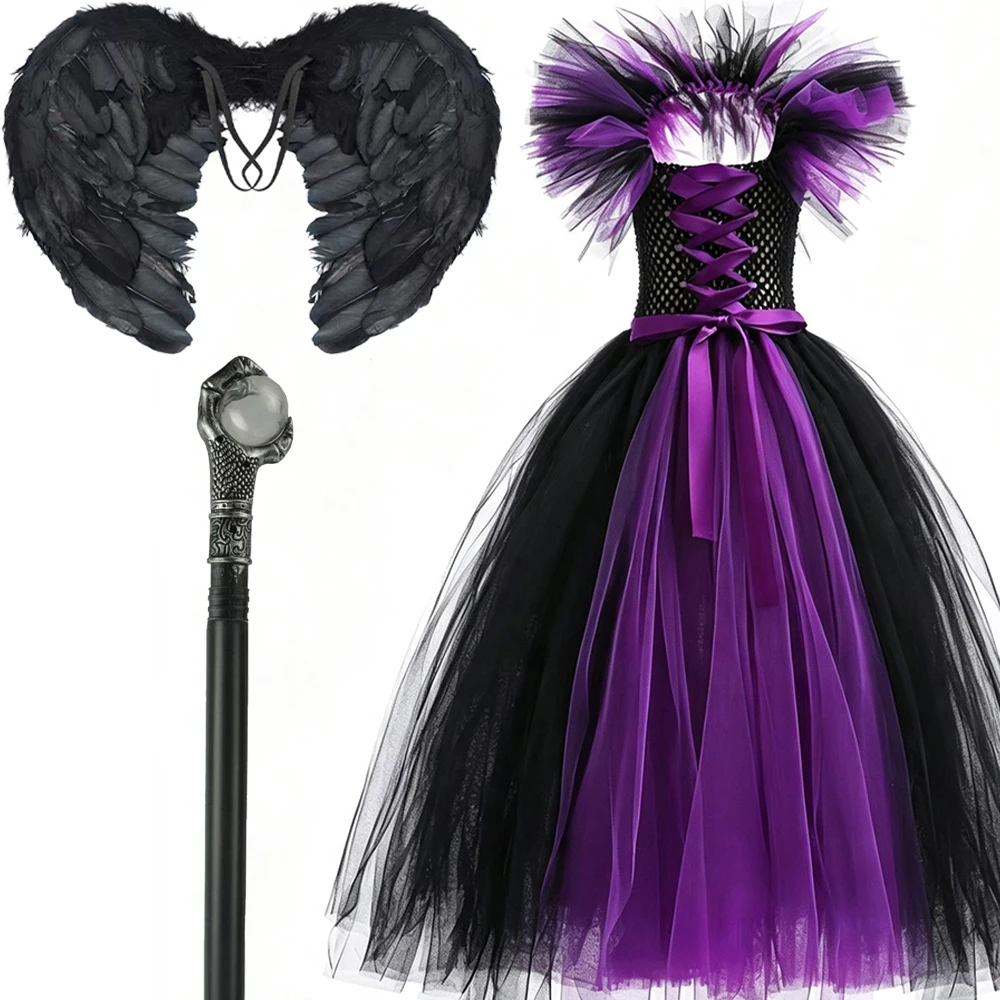 Halloween-Kostüm „Böse Königin“ für Mädchen, luxuriöses lila Tüll-Hexenkleid, Kindergröße 2–12 Jahre, Karnevalsparty, Bühnen-Cosplay-Outfit – Detail 8