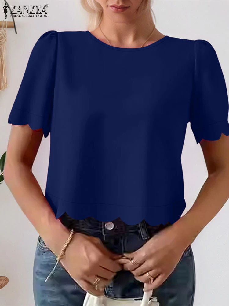 

Women Office Lady Blouse 2025 ZANZEA Stylish Tops Tunic Elegant Wavy Hem Summer Short Puff Sleeve Solid Fashion Shirts Blusas