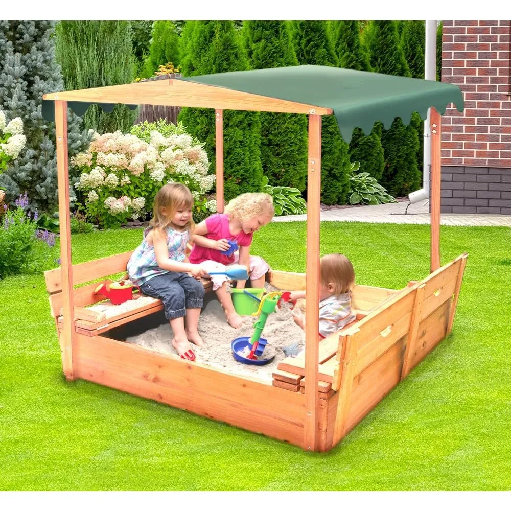 Basket Covered Convertible Cedar Sandbox with Two Benches and Canopy – Outdoor Play for Kids with Built-In Seating and Shade