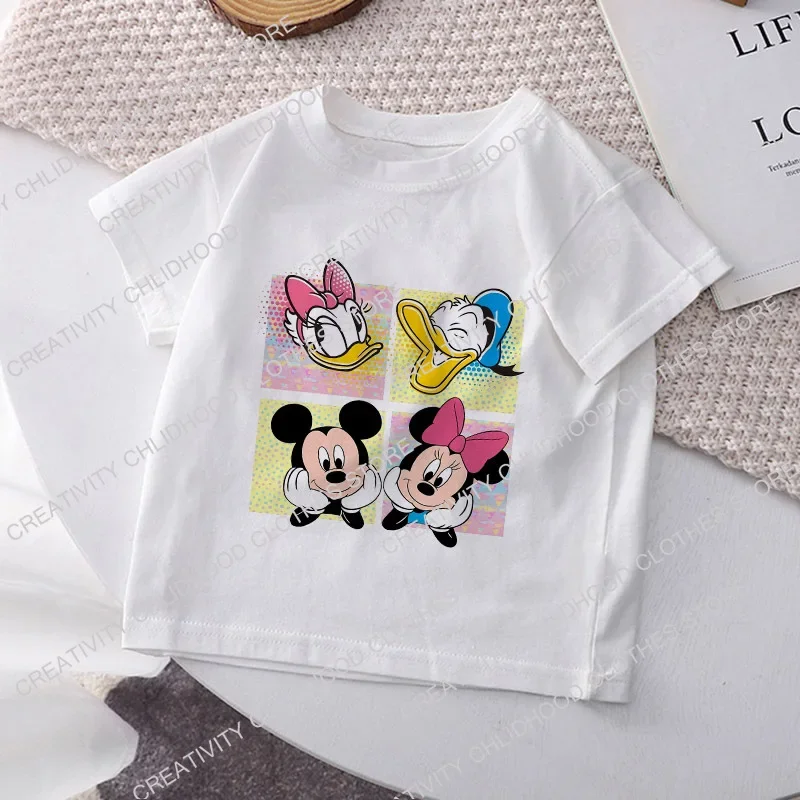 Disney-kawaii子供用半袖Tシャツ、子供用漫画トップス、男の子と女の子のためのカジュアルウェア、デイジーとミニー、ミッキーとデイトン、夏