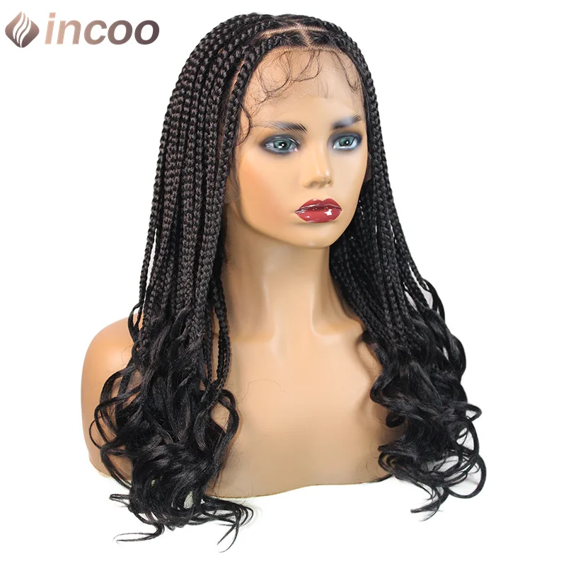 Peruca trançada em caixa sintética para mulheres negras, renda cheia, deusa encaracolada francesa, boho locs, peruca trançada, 18"