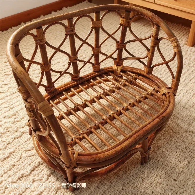 Retro Handwoven Rattan Newborn Photography Props–Baby Basket Sofa Chair Wooden-like Studio Accessories for Infant Photo Shoots