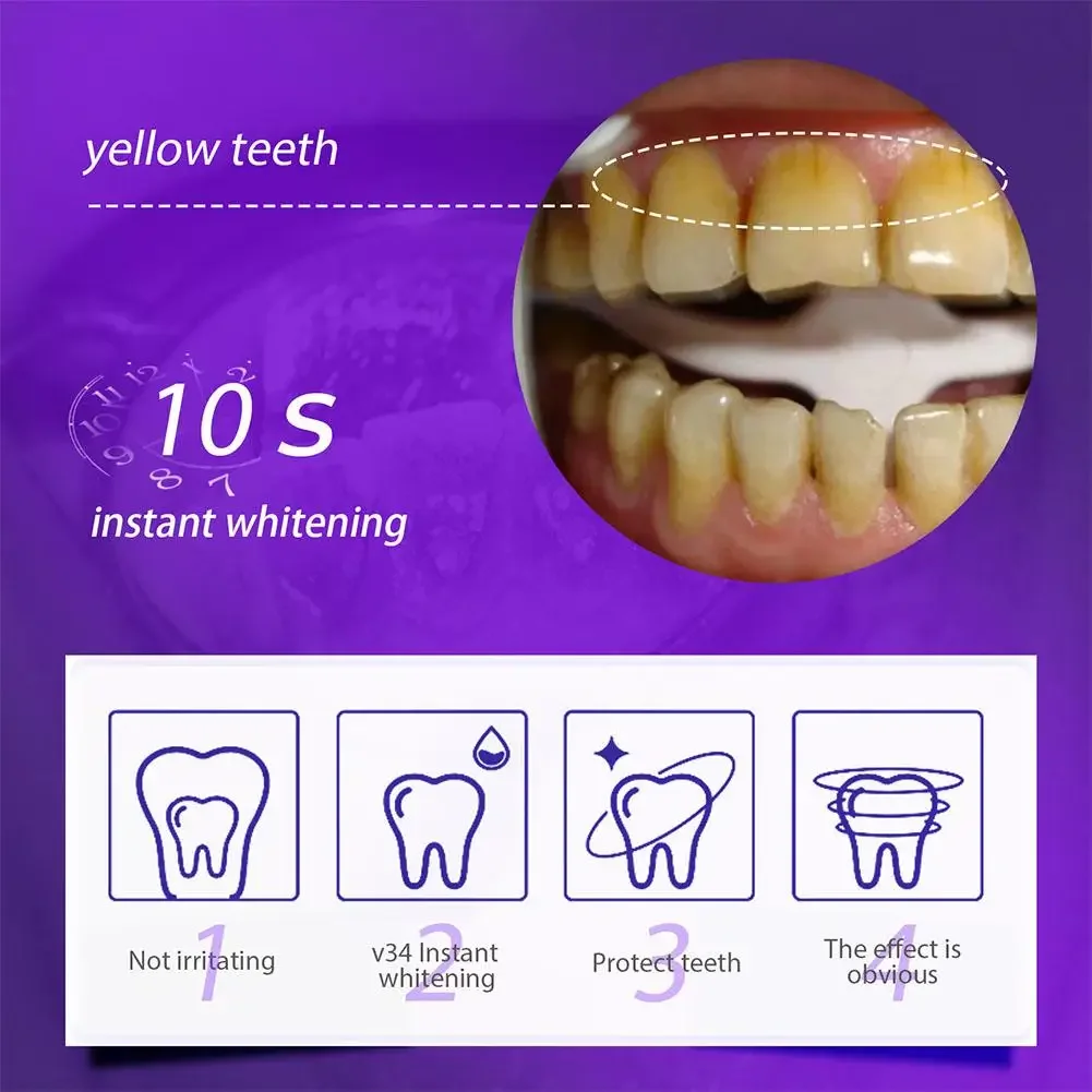 Heallor V34 pasta gigi ungu pemutih gigi, penghilang bau gigi pemutih pencerah esensi korektor perawatan warna noda mulut