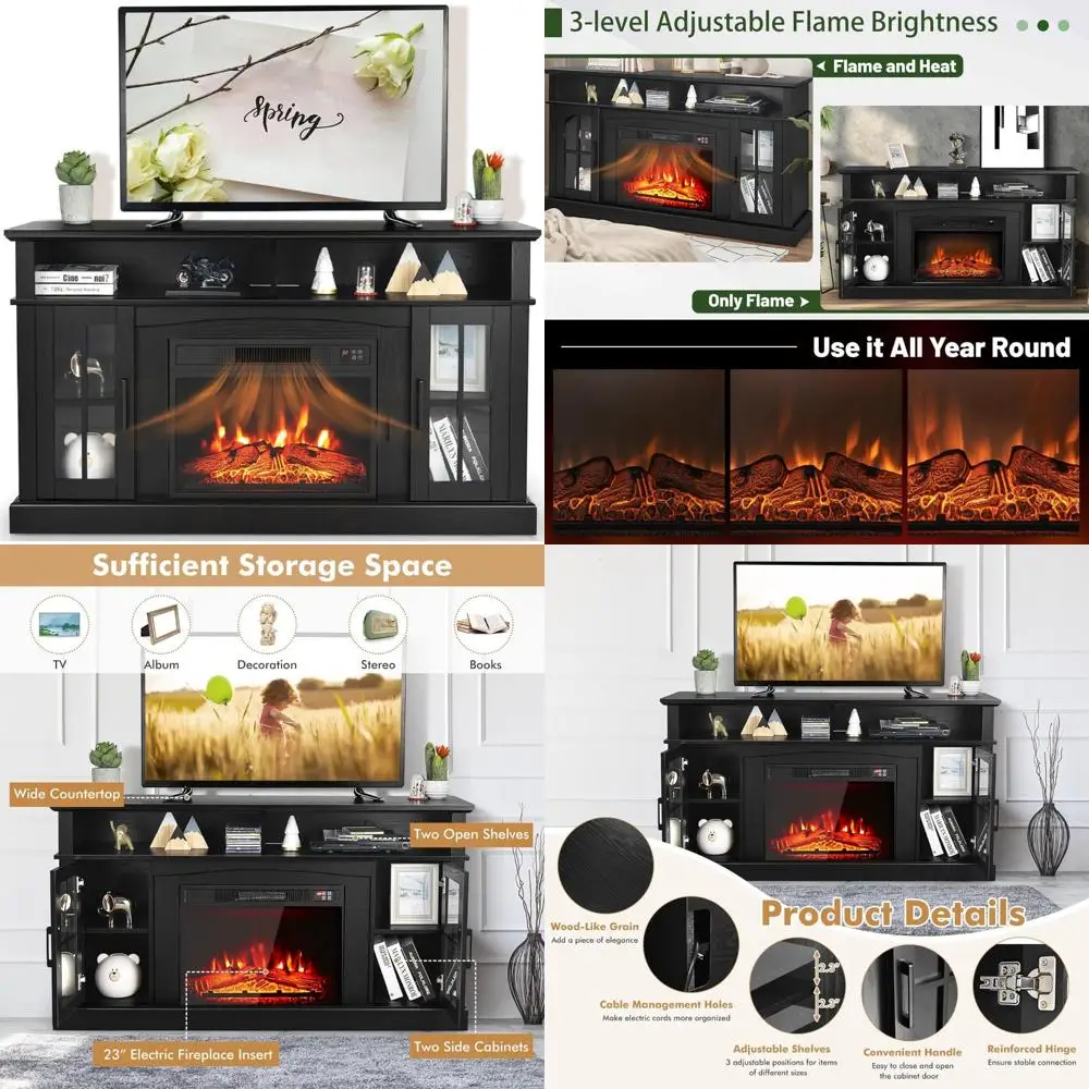 

58 Electric Fireplace TV Stand for 60 Inch TVs, Entertainment Center with 2 Cabinets and Remote Control
