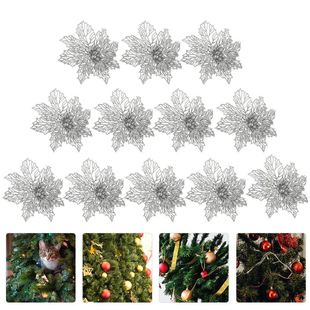 

12Pcs Selected Material Glitter Flower Decor Fake Flower Adornment for Unforgettable Memory Christmas Glitter Flowers