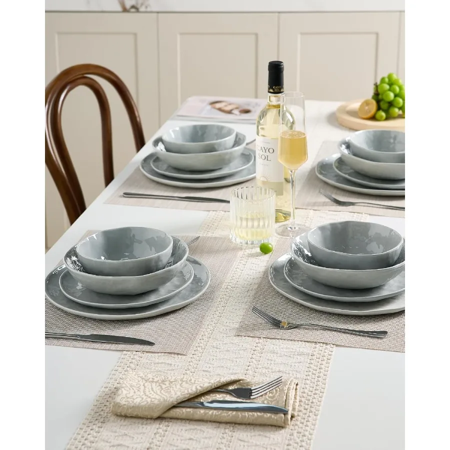 طقم أطباق وأطباق مطبخ حديثة من البورسلين تتسع لـ 6 أشخاص أواني طعام مصنوعة يدويًا بحافة مموجة مع ميكروويف أنيق باللون الرمادي ود #3