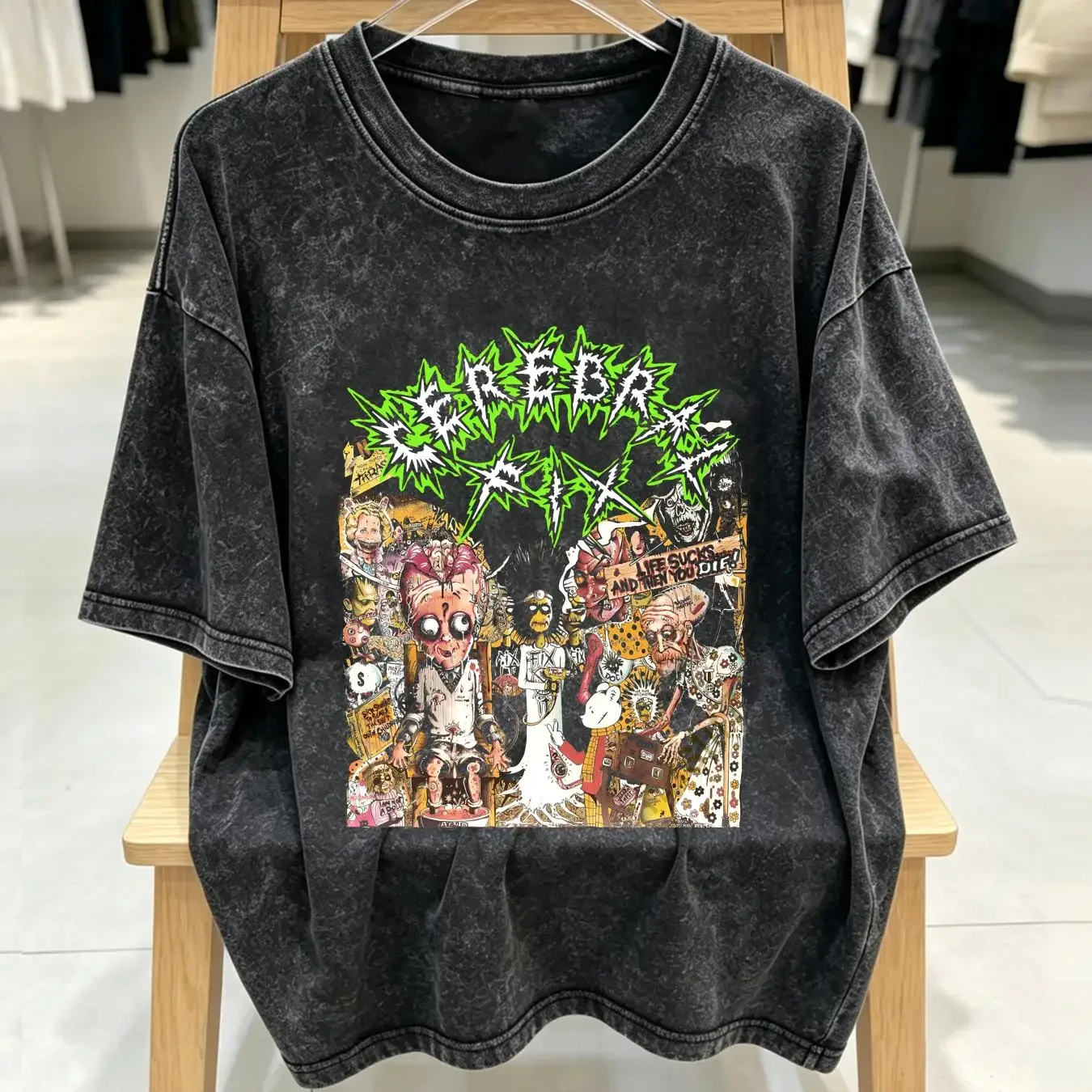 washed T Shirt CEREBRAL FIX LIFE SUCKS AND THEN YOU DIE'88 NEW BLACK vintage Washed Slightly Casual streetwear Stretched