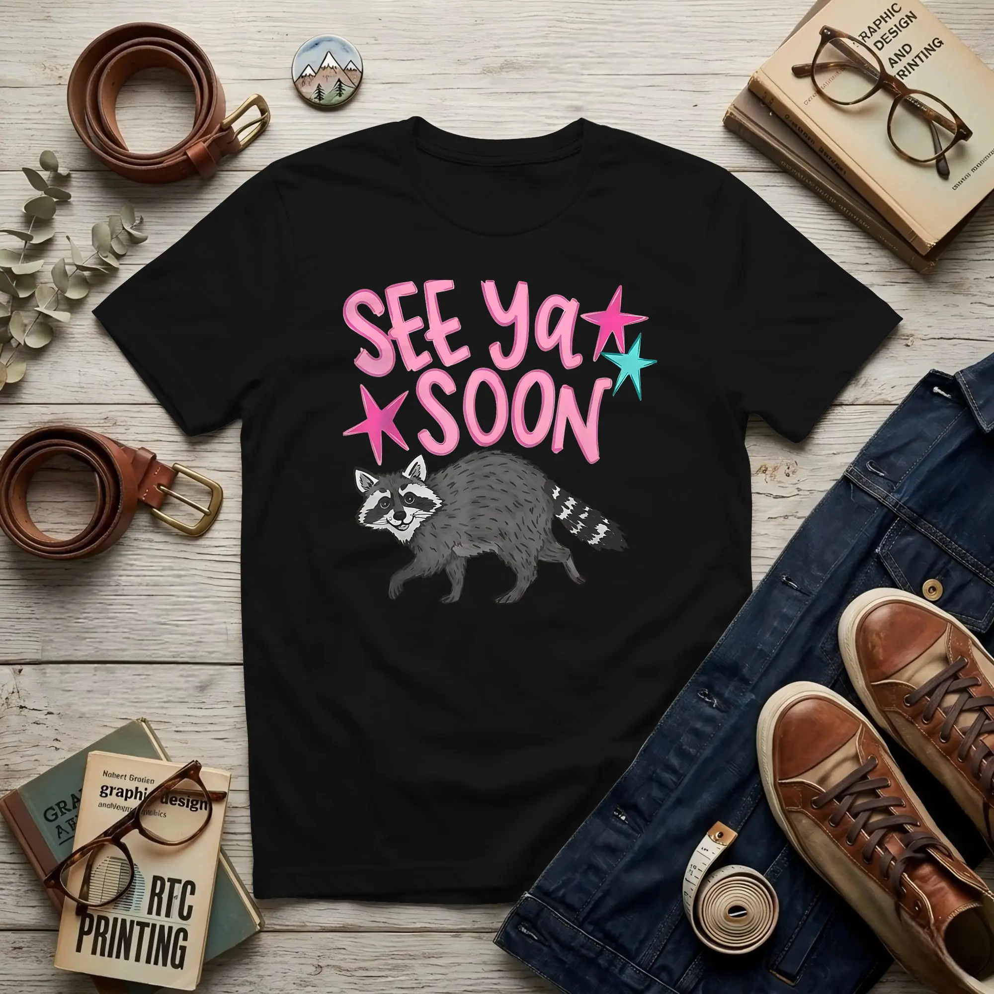 Racoon Men's T Shirt  Leisure Tees Short Sleeve Crew Neck 100% Cotton Adult Clothes T-Shirt