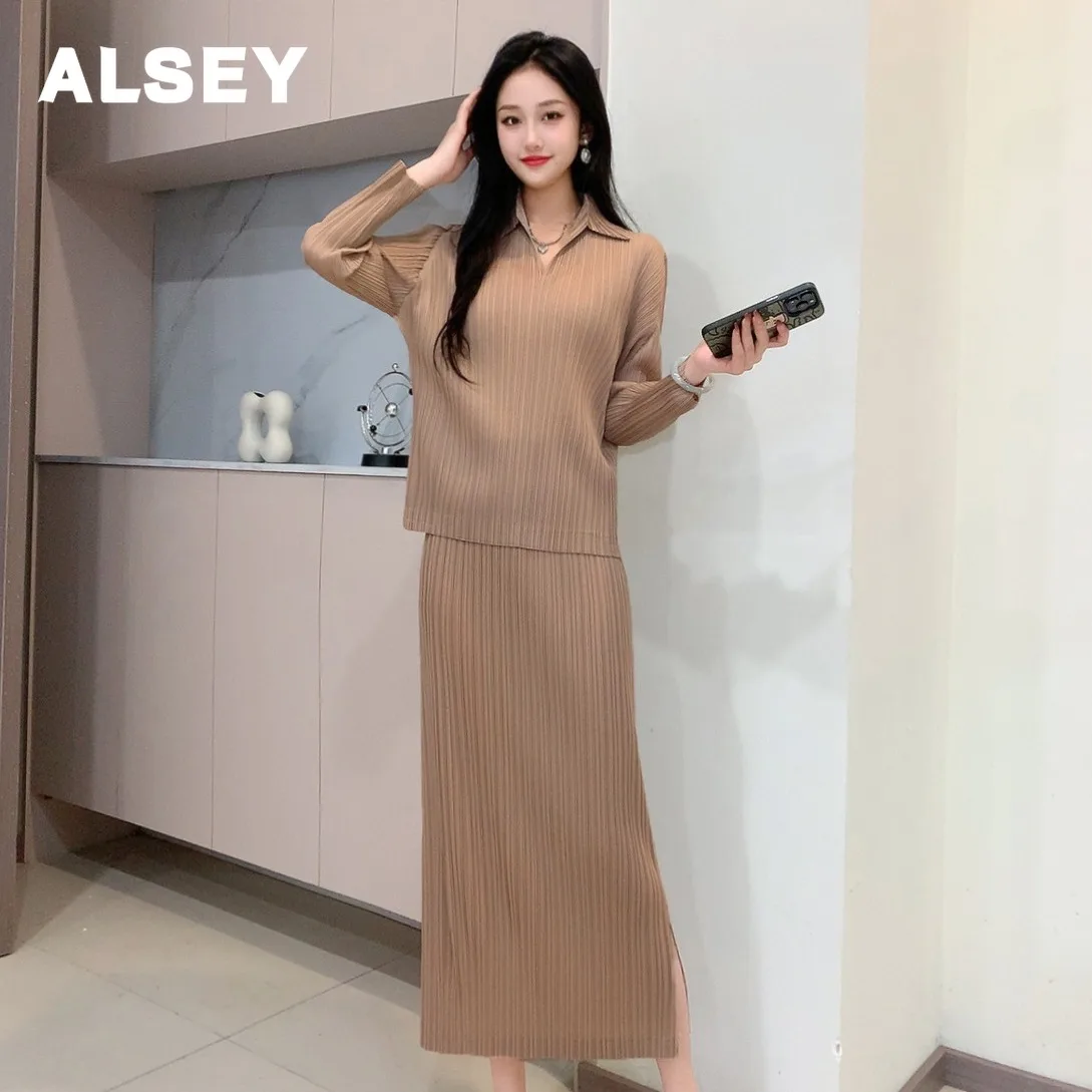 

ALSEY Miyake Pleated Solid Color Casual Set Women Fashion Mature Long Sleeve Top Plus Size Half Skirt Commuter Two Piece Set