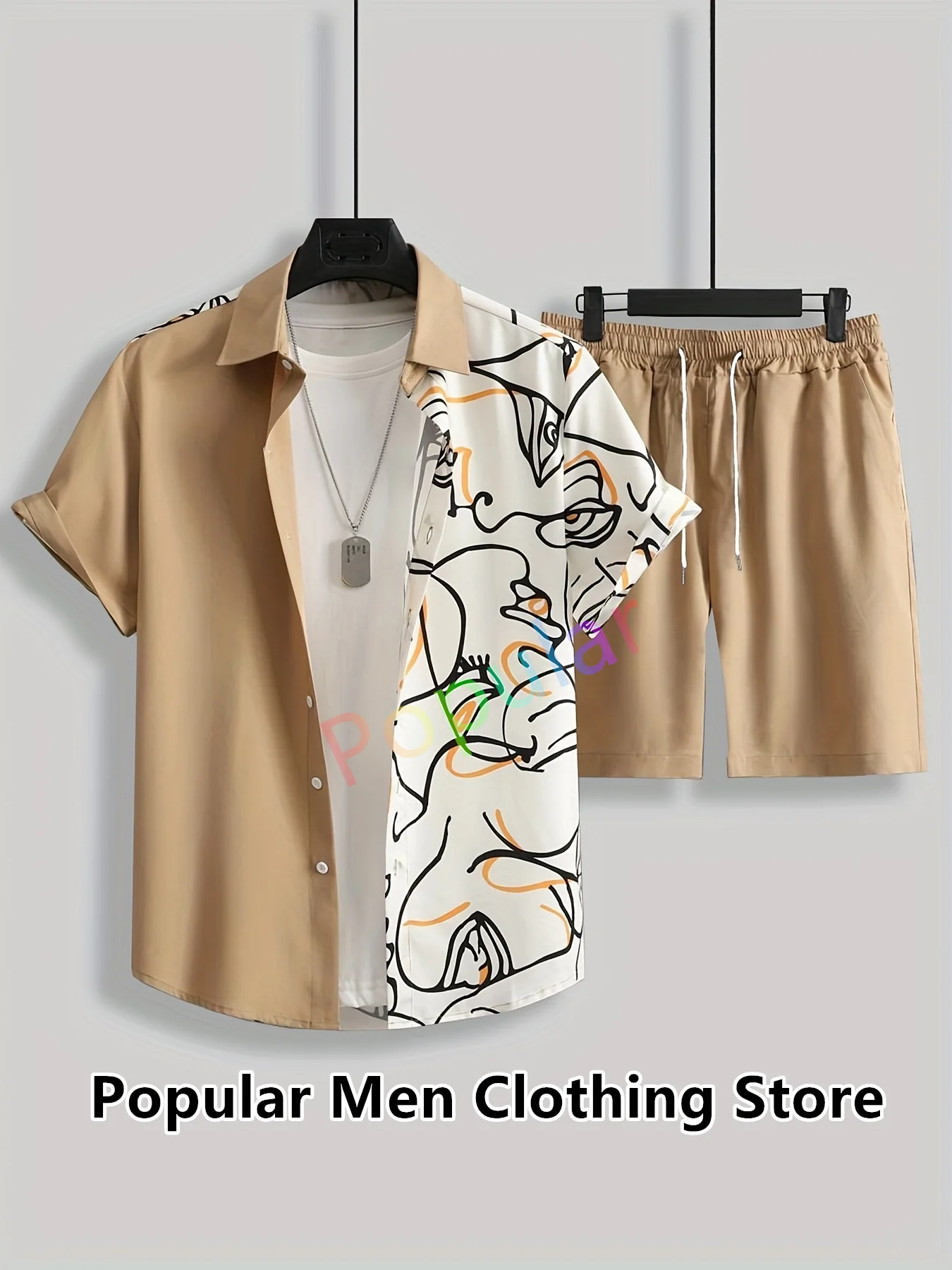 

2023 Fashion Hawaiian Print Short Sleeve Shirt Set Men's Beach Woman Face Print Shorts Suit Men's Daily Beach Shirt Two-piece