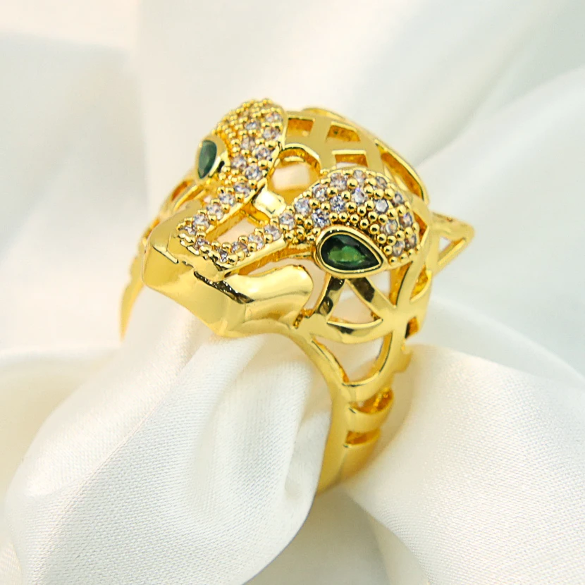 AYONG Punk Personality Leopard Rings 21k Gold Plated Green Eyes Panther Dubai Middle East Men\'s Rings Copper Jewelry