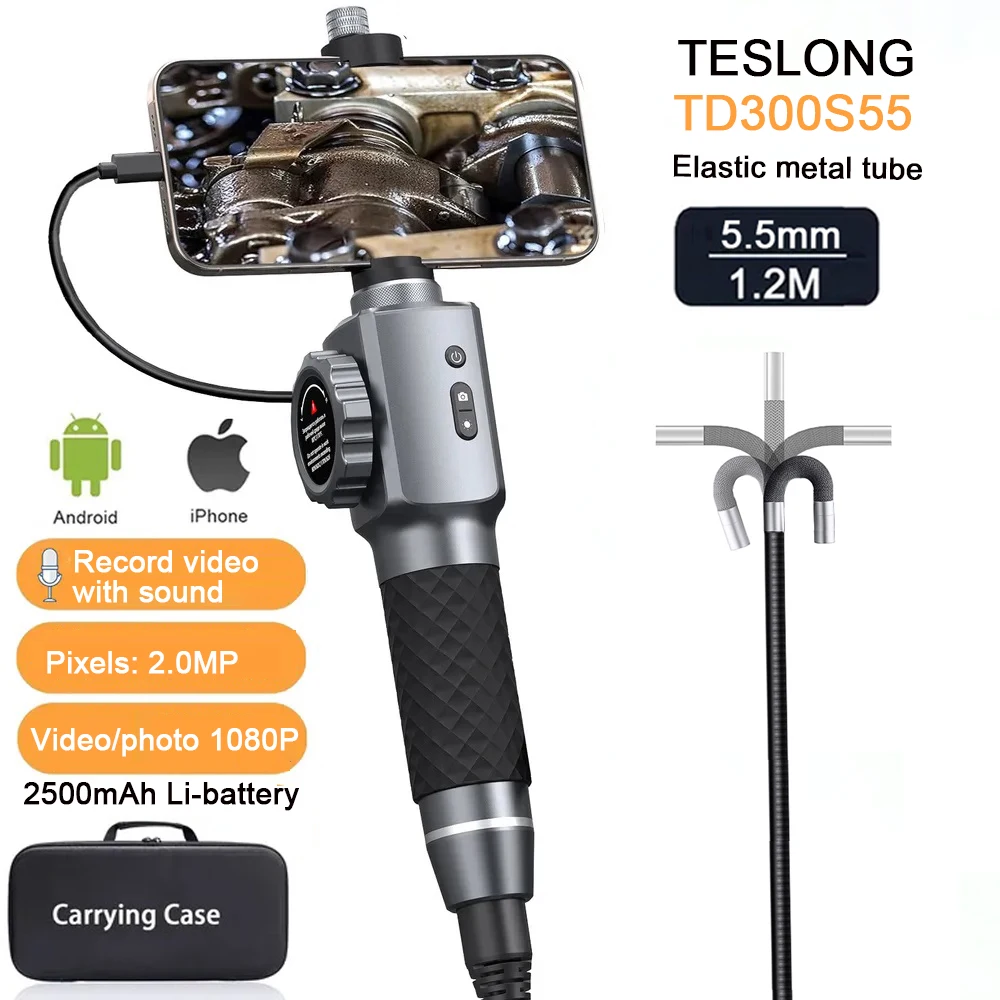 Obiettivo TESLONG 2.0MP 5,5 mm bidirezionale 210 ° Telecamera endoscopica articolata per tablet Android Ios Endoscopio Registrazione video con suono