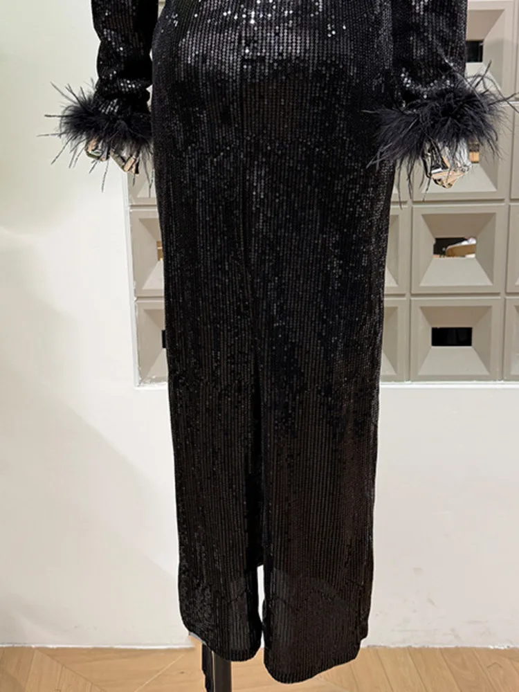 DFDG 2025 automne femmes concepteur robe à paillettes à manches longues col rond Sexy culture découpé moulante Maxi robe de soirée robe