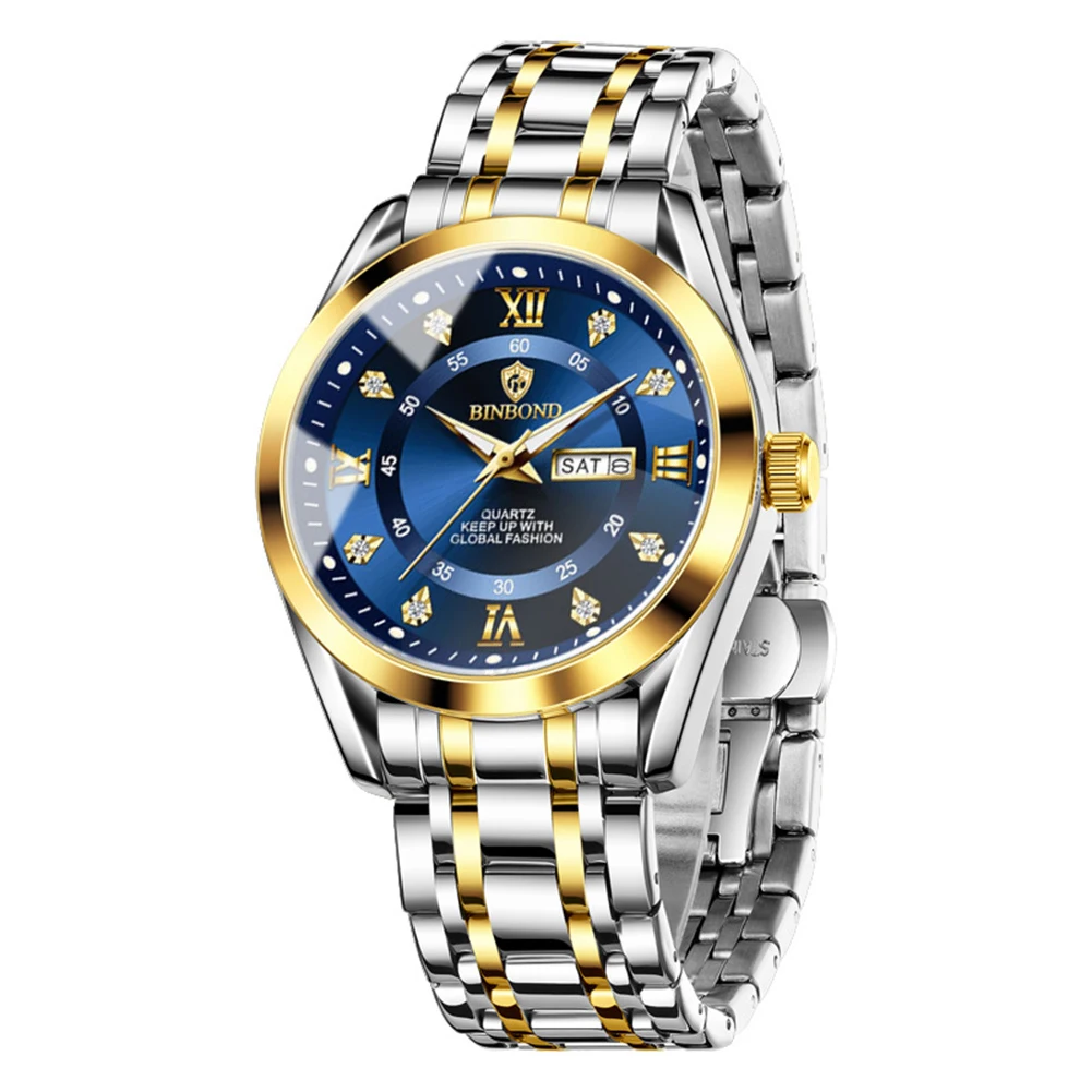 BINBOND Women's Watches B7169L Luxury Fashion Original Quartz Watch for Lady Waterproof Luminous Date Week Dual Calendar Trend