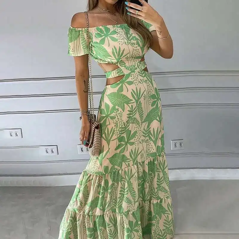 

New 2025 Women's Clothing Style Sexy Slim Fit Printed One Neck Hollowed Out Lace Up Large Swing Dress Dress Robe Vestido Women