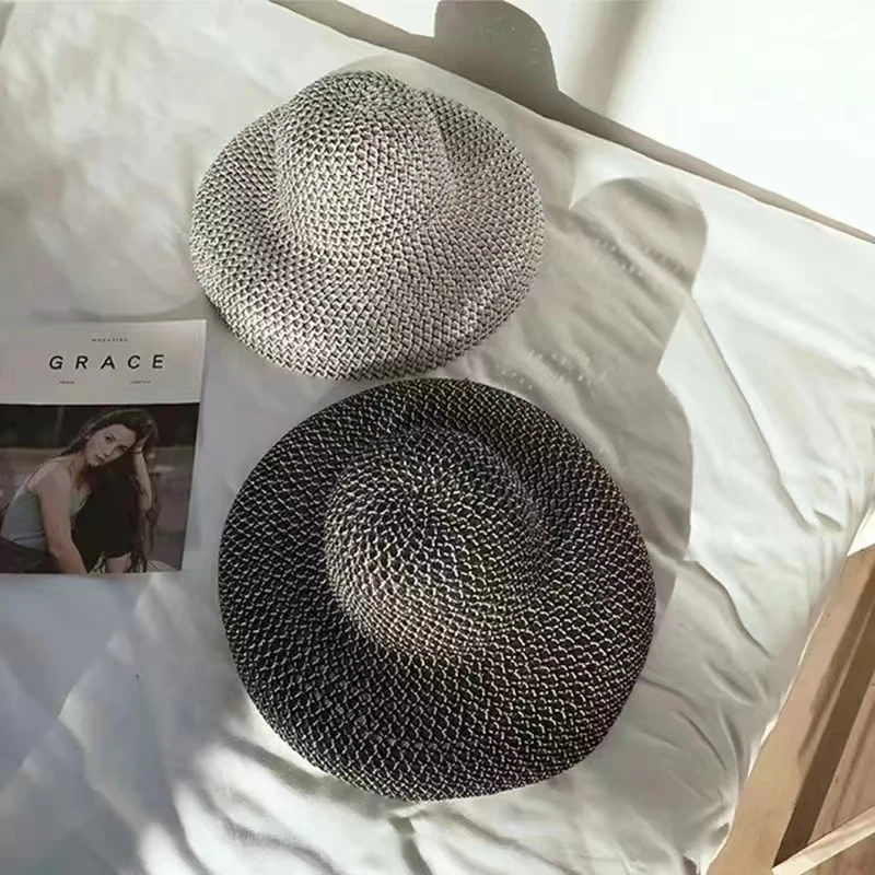 Sombrero de paja grande redondo Retro para mujer, sombreros de sol para mujer, sombreros de visera de vacaciones de viaje, sombr