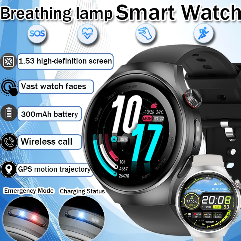 

Новая дыхательная лампа, умные часы, сенсорный жест, беспроводной вызов, 300 мАч, большой аккумулятор, компас, GPS, 1,53, умные часы с большим экраном