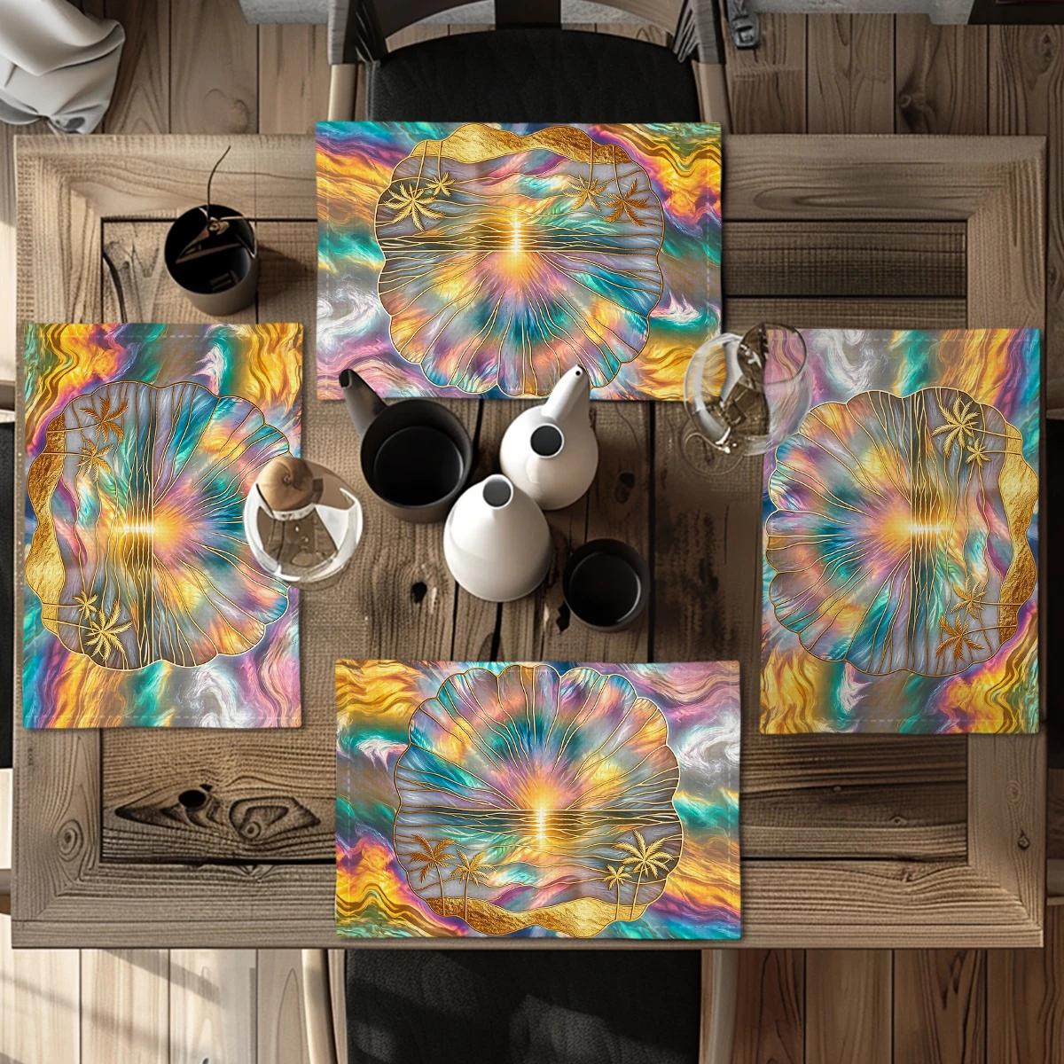Vibrant Green Floral Pattern Polyester Placemats & Coasters - Decorative Table Linens for Home, Restaurant and Daily Use