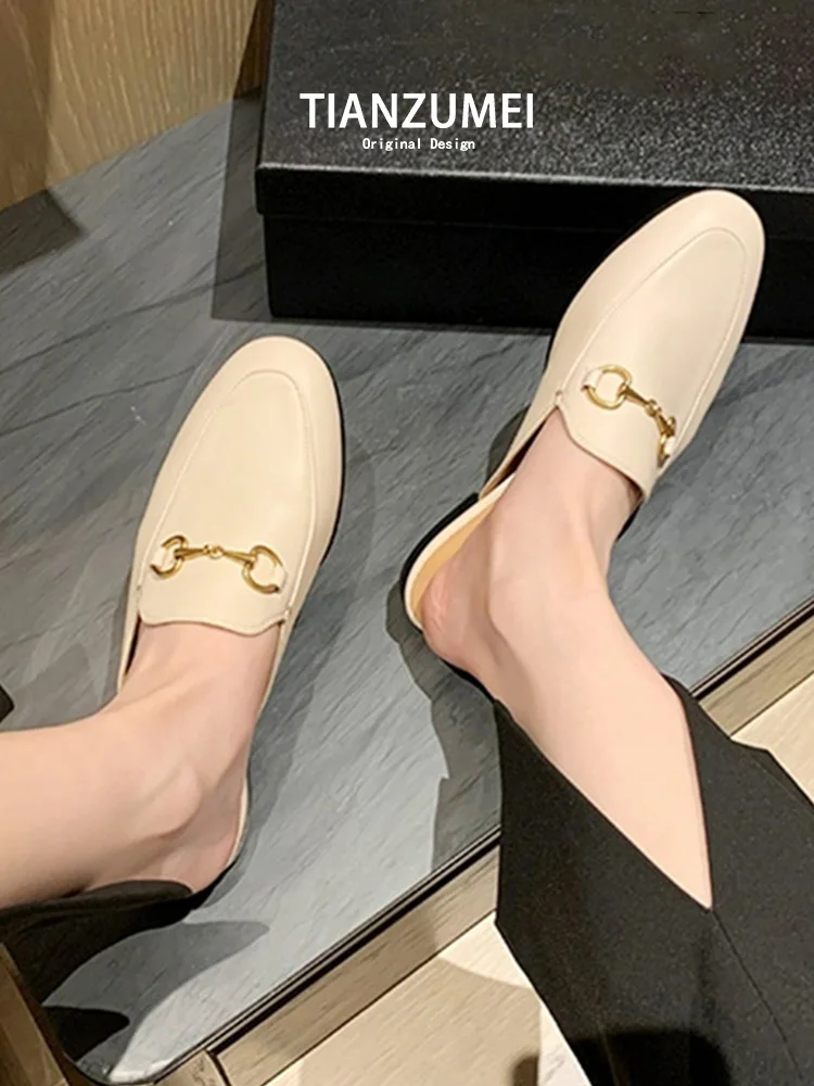 

Женские тапочки с плоской головкой, летняя уличная одежда, сабо, новинка 2023 года, одношаговая резиновая подошва из овчины без шнуровки Lazy oes