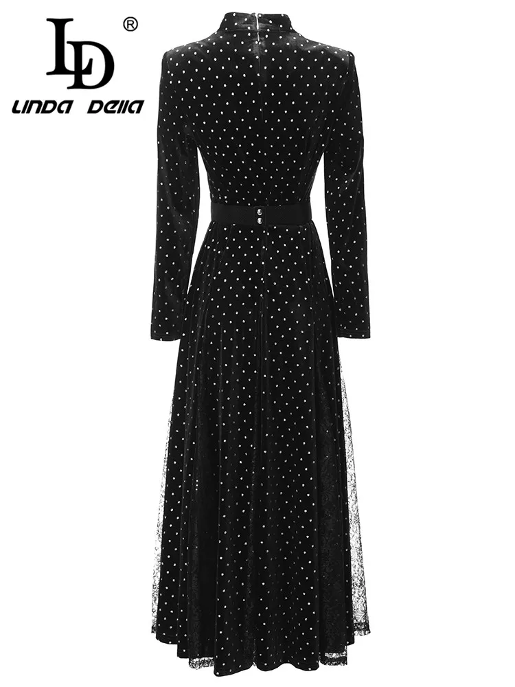 LD LINDA DELLA Autumn winter Fashion Designer Dress Women's Black Dot Long Sleeve Diamond setting Belt Slim Fit Beach Long Dress