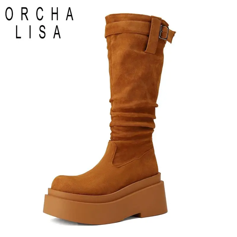 ORCHALISA 2027 New Fashion Suede Round Toe Thick Heels 9cm Pleated Female Boots Flock Casual  Platform Hill Large Size 41 42 43