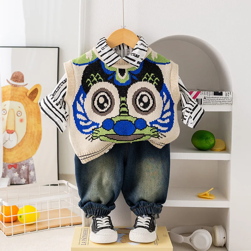 

2024 Spring Baby Boys Clothing Children Handsome Argyle Pattern Sweater 3pcs Set Kids Vest Long Sleeve Shirts Pants Boys Clothes