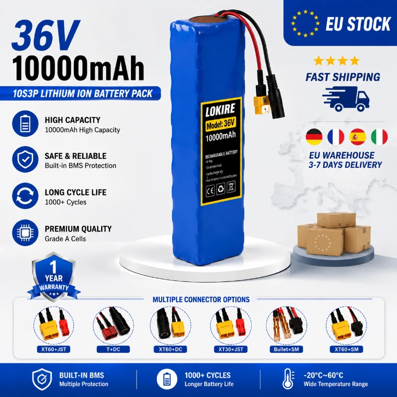Batterie lithium-ion rechargeable 10S3P 36V 10000mAh 18650 pour trottinette électrique, vélo électrique, moteur 1000W, batterie de remplacement avec protection BMS intelligente contre les surcharges, les décharges excessives et les courts-circuits, sécurité, entrepôt UE, livraison rapide, longue durée de vie