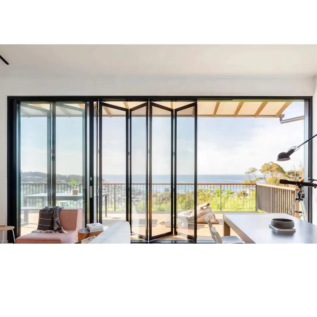 Living Room Multi Panel Glass Folding Door Hurricane Impact Resistant Accordion Folding Doors Fashion Viewing Stacking Doors