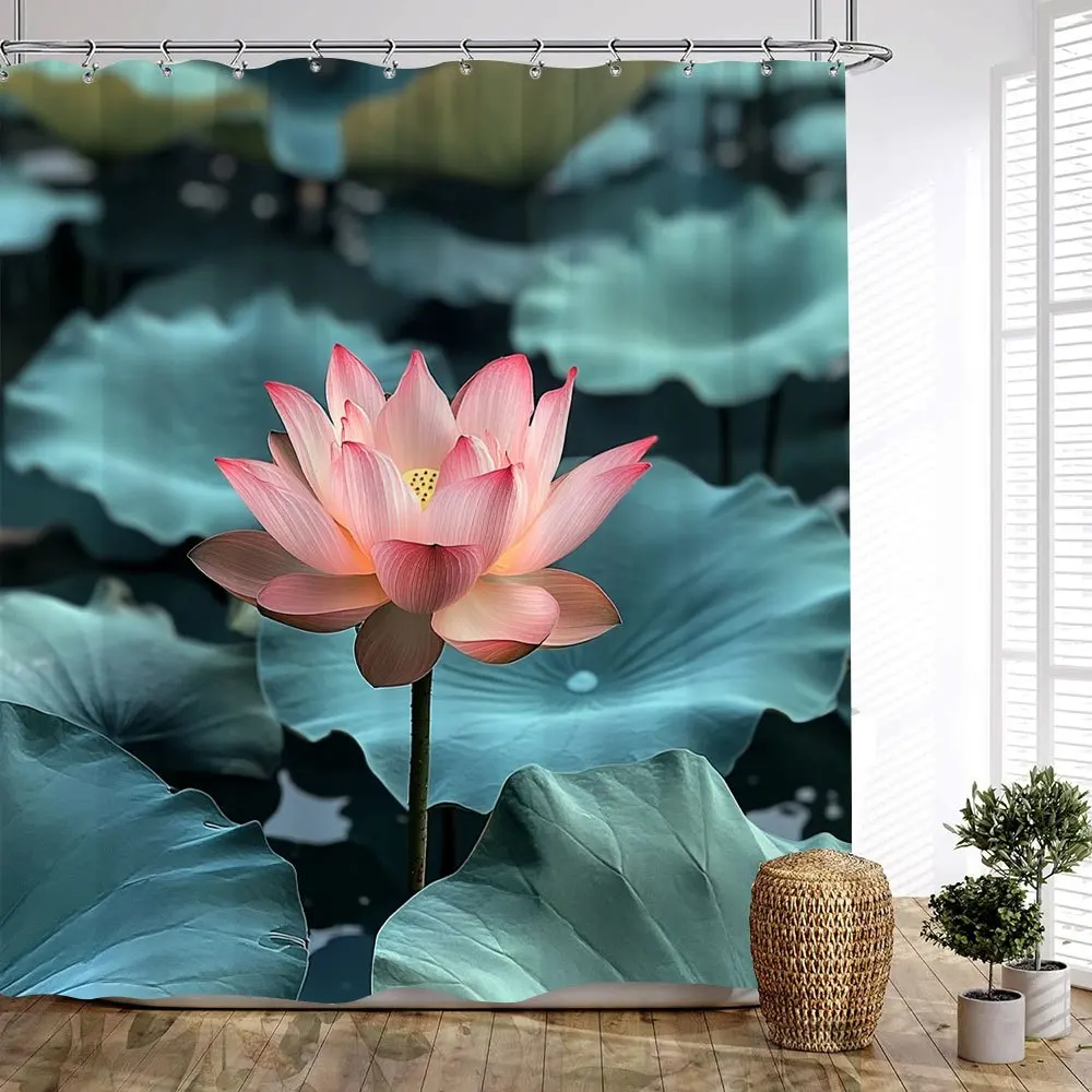 

1 шт. для занавески для ванной Lotus Bloom — элегантный дизайн для водного сада с розовыми цветами и сине-зелеными листьями, ботанический декор Serene, ду