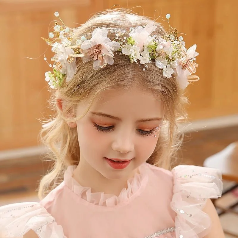 Mädchen Blumenkranz Stirnband mit Zuchtperlen Haarreif Kinder Prinzessinnen-Kleid Haaraccessoires Hochzeit Blumenmädchen Haarkranz