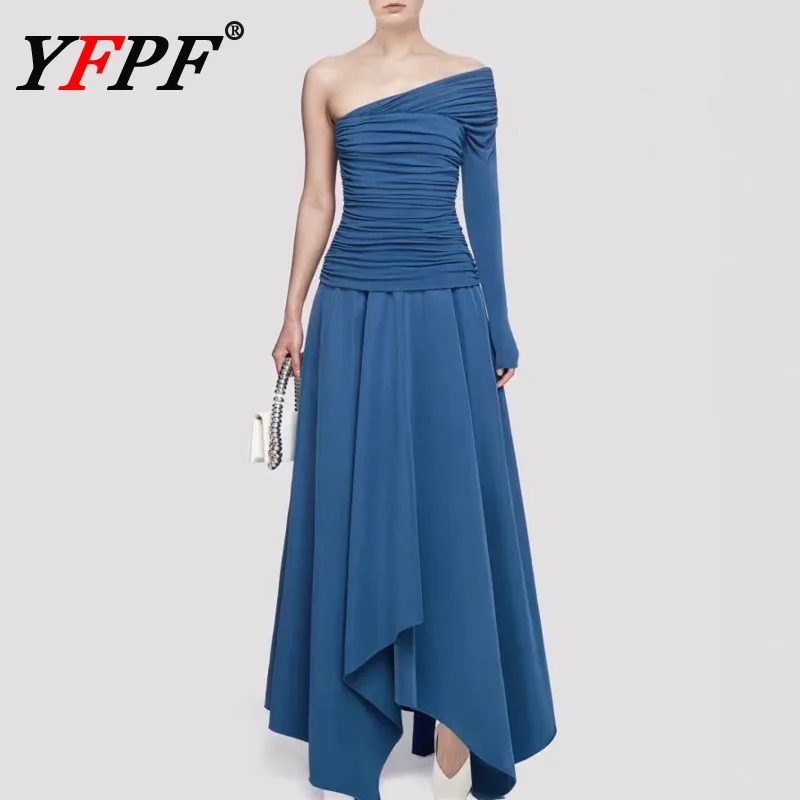

YFPF Elegant Women's Dress Diagonal Collar One Shoulder Sleeve Folds Design High Waist A Line Long Dresses 2026 New Clothing