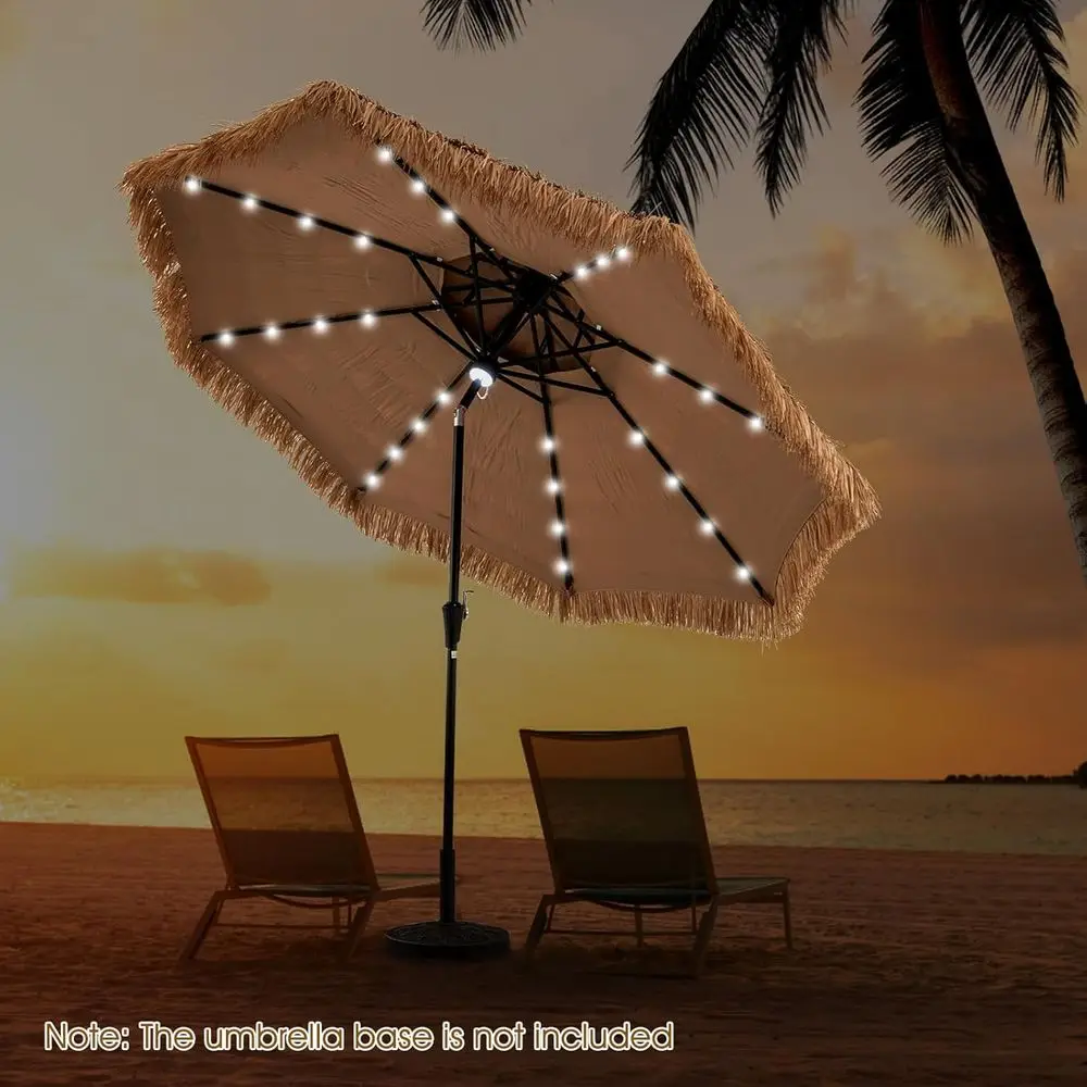 10 t Ted Patio Umbrella, 2 Tier Hawaiian Style Grass Beach Umbrella with 32 Led Lights, Center Light, r Tiki Umbrella with 8 Rib