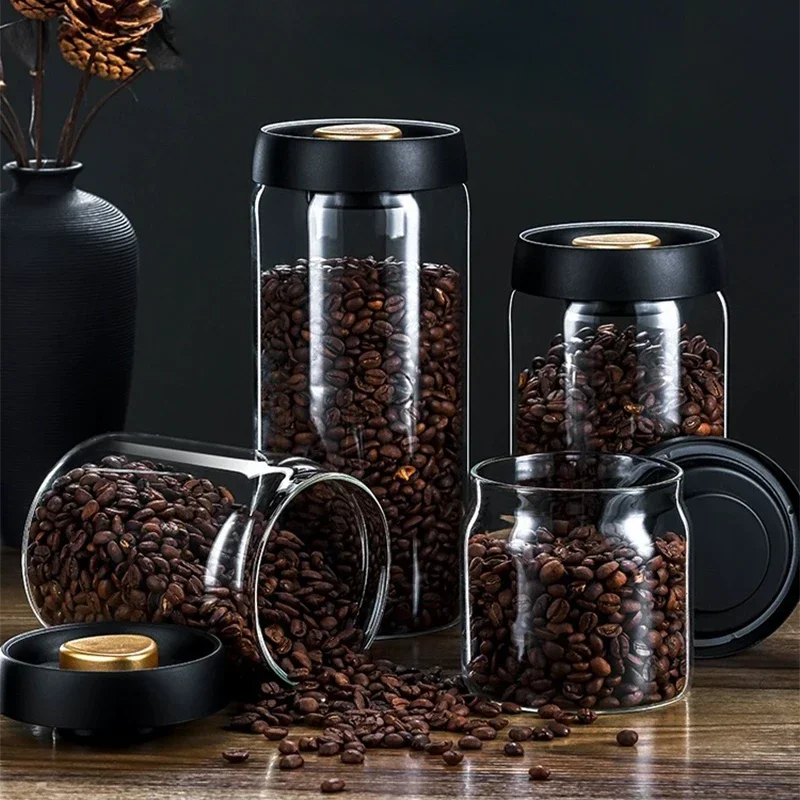 Vacuum Sealed Coffee Beans TankTransparent Glass Food Storage Jars,Moisture-Proof, Air Extraction, Airtight Container, Household