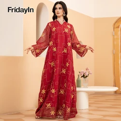 Fridayin-muçulmano Abaya vestido longo com decote em v para mulheres, flor bordada, manga queimada, kaftan solto, vestidos elegantes para senhoras